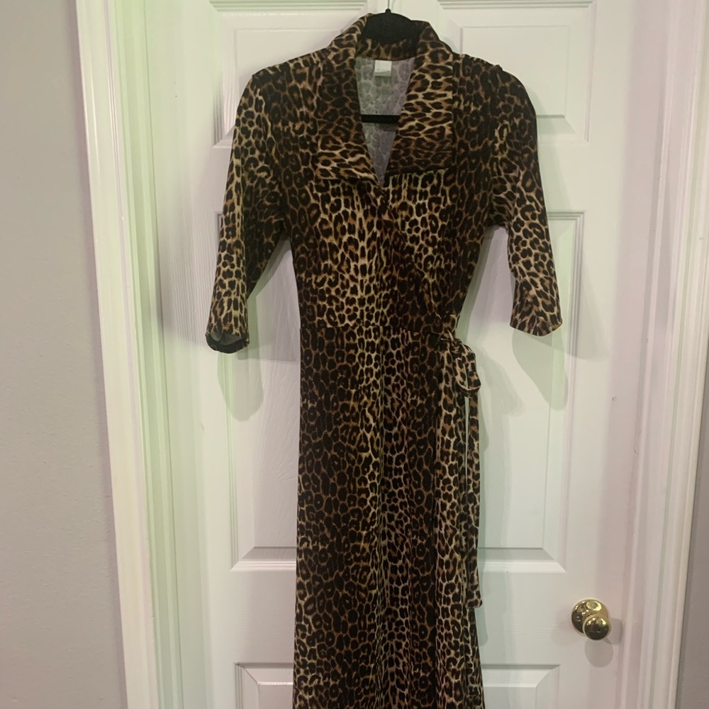 Leopard Print Midi Wrap Dress With Side Pockets XL